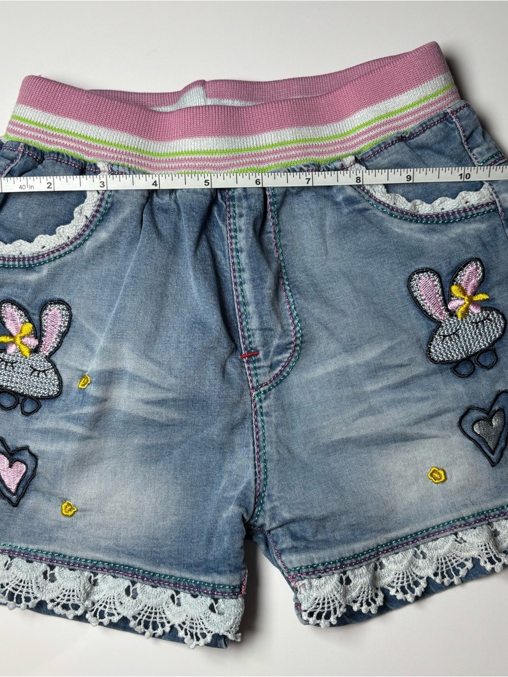 Girls Light Wash Denim Bunny Shorts Eyelet Lace Trim Elastic Waist Kawaii - Picture 9 of 10